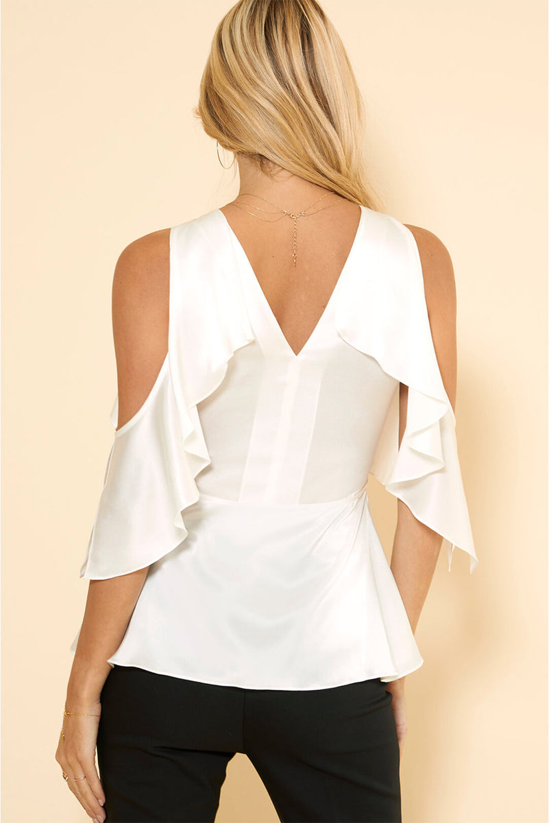 White ruffle clearance cold shoulder top